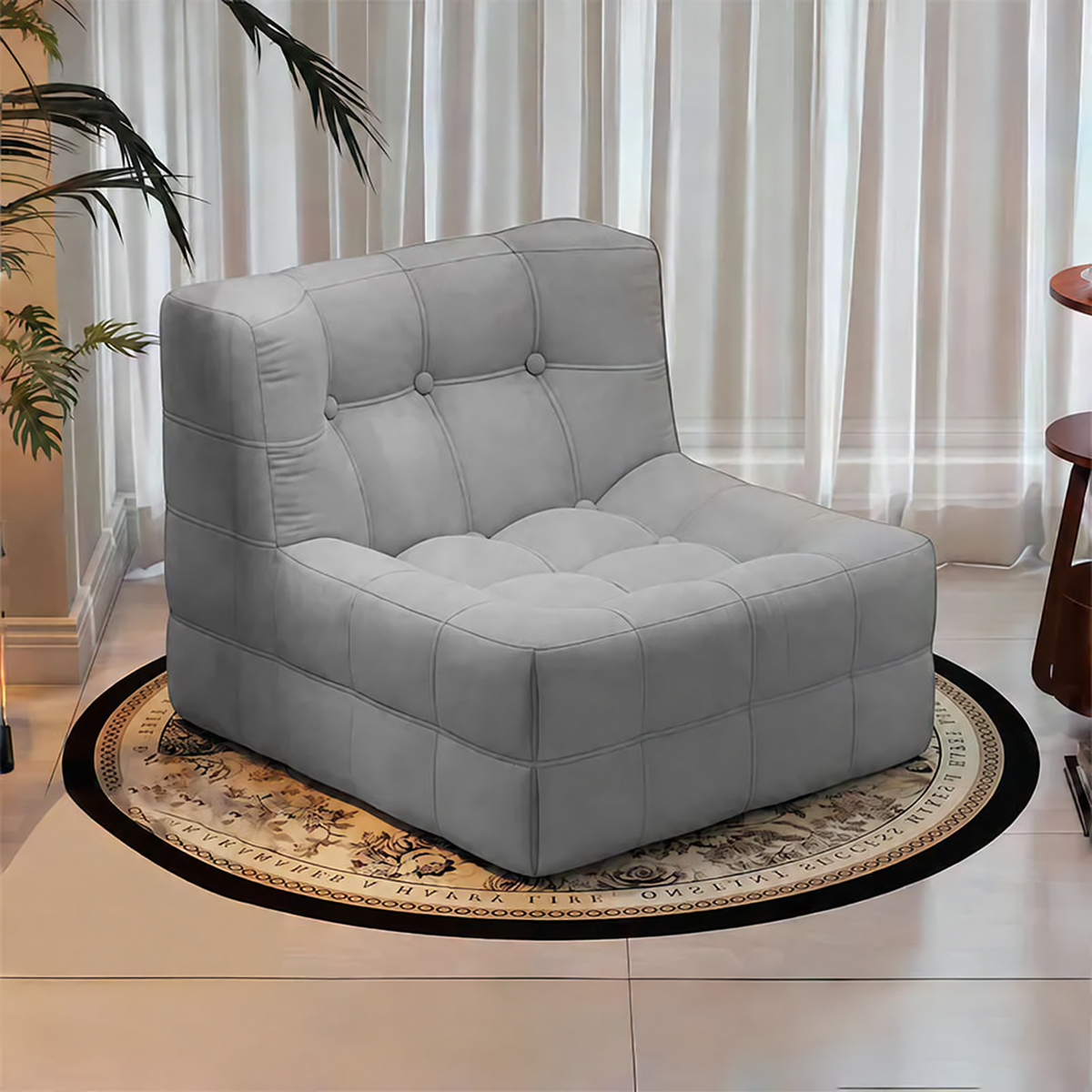 Fauteuil bas marron foncé capitonné – design contemporain sans accoudoirs