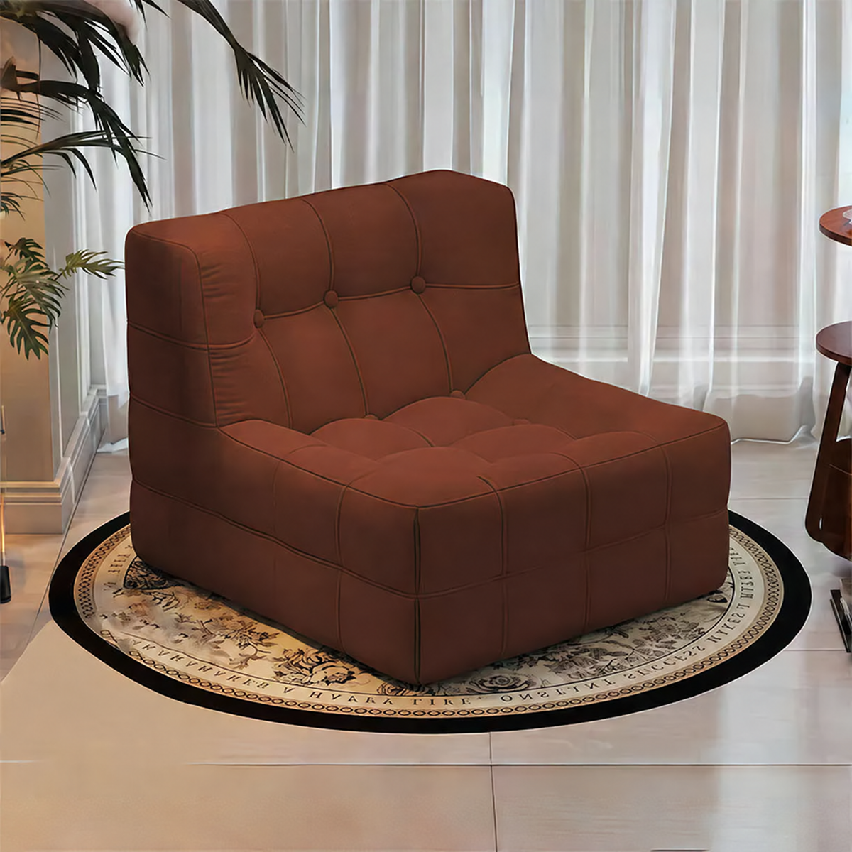 Fauteuil bas marron foncé capitonné – design contemporain sans accoudoirs