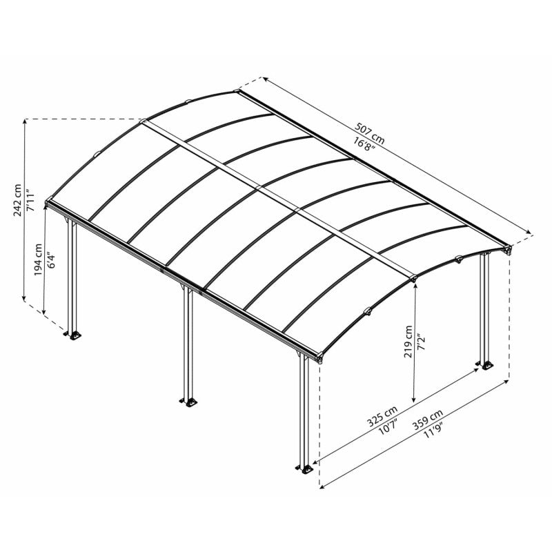 Abri voiture en aluminium gris et polycarbonate pour 1 véhicule, 18,2 m²