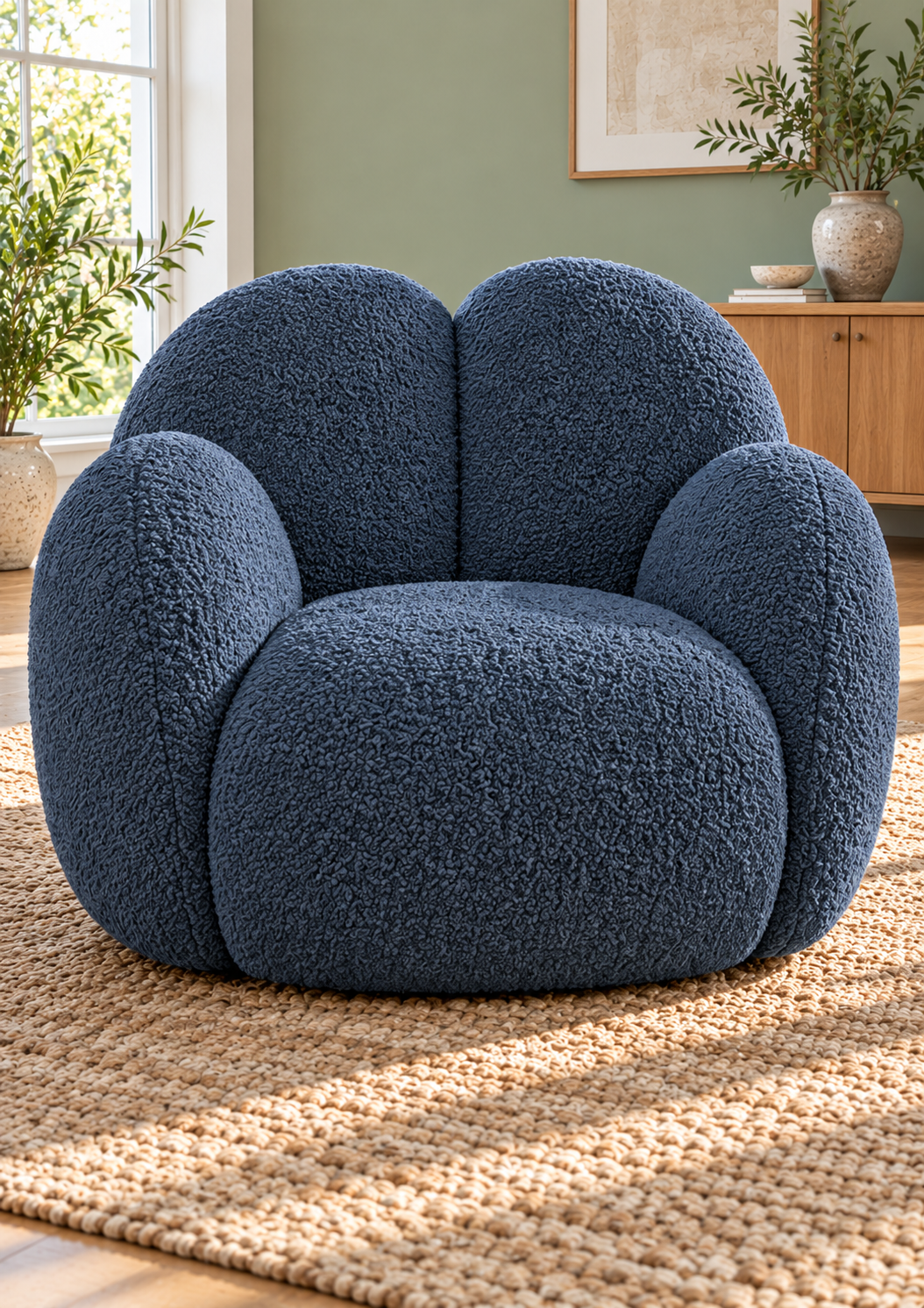 Fauteuil cocon crème en tissu bouclé – design enveloppant