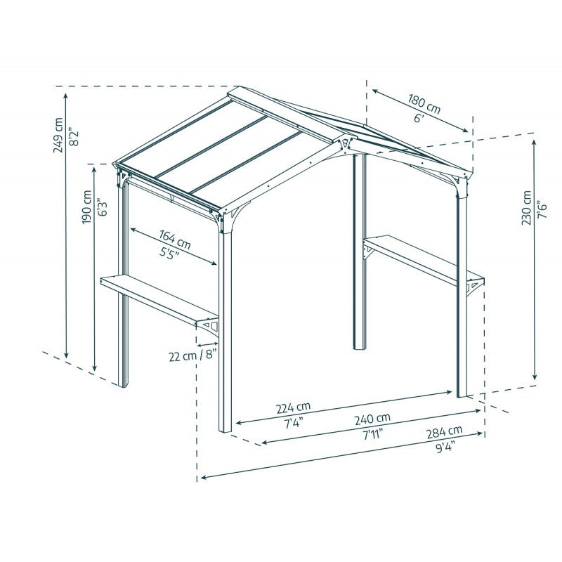 Pergola barbecue AUSTIN, 180 x 224 cm, en aluminium noir et polycarbonate gris