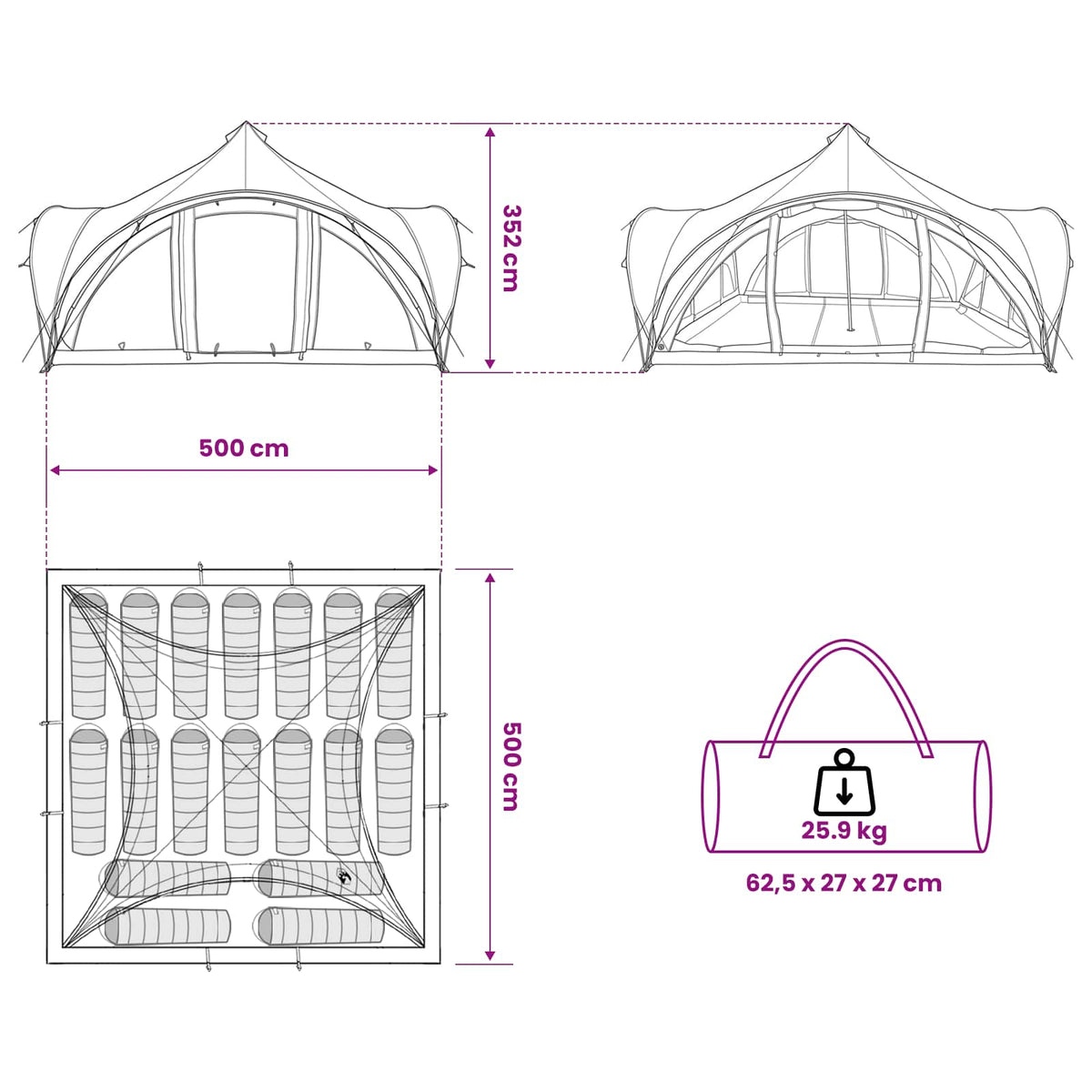 Tente Tipi de 18 personnes, gris et orange, polyester et acier de 25m²