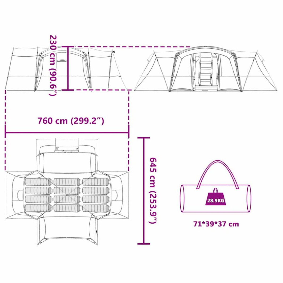 Tente familiale pour 12 personnes en polyester 185T avec revêtement PU - résistants aux UV