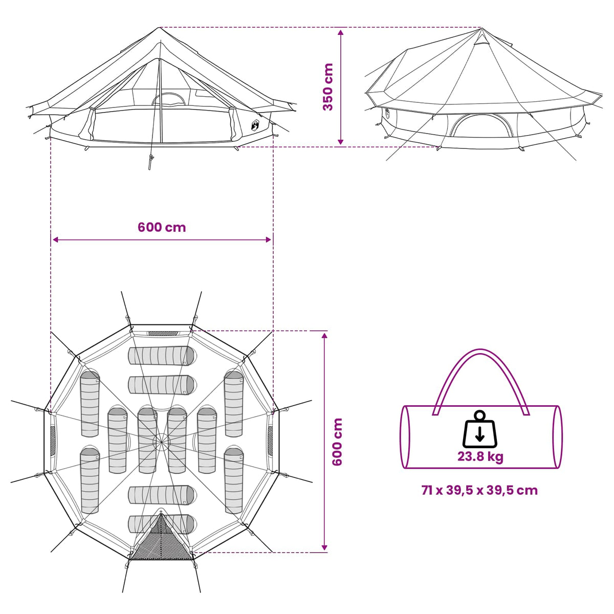 Tente familiale pour 12 personnes en coton synthétique marron