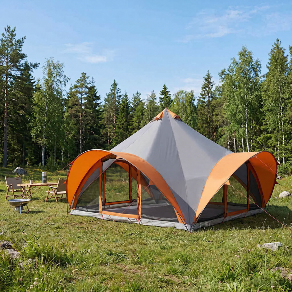Tente Tipi de 18 personnes, gris et orange, polyester et acier de 25m²