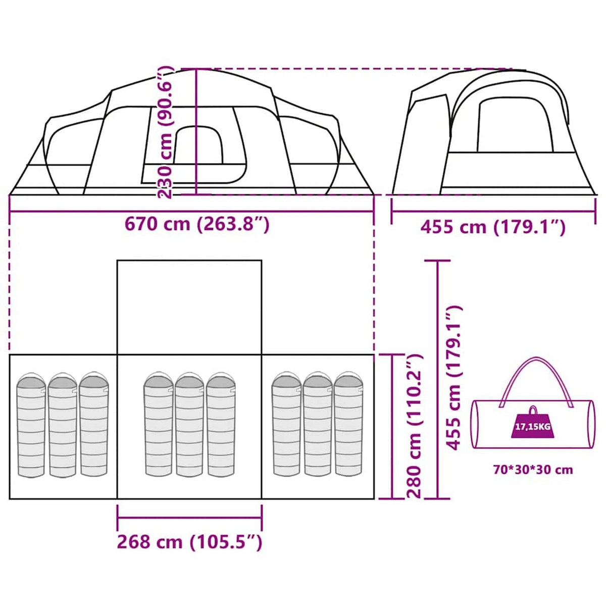 Tente familiale avec port E, accueillant 9 personnes, imperméable, couleur verte