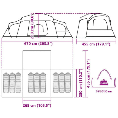Tente familiale avec port E, accueillant 9 personnes, imperméable, couleur verte
