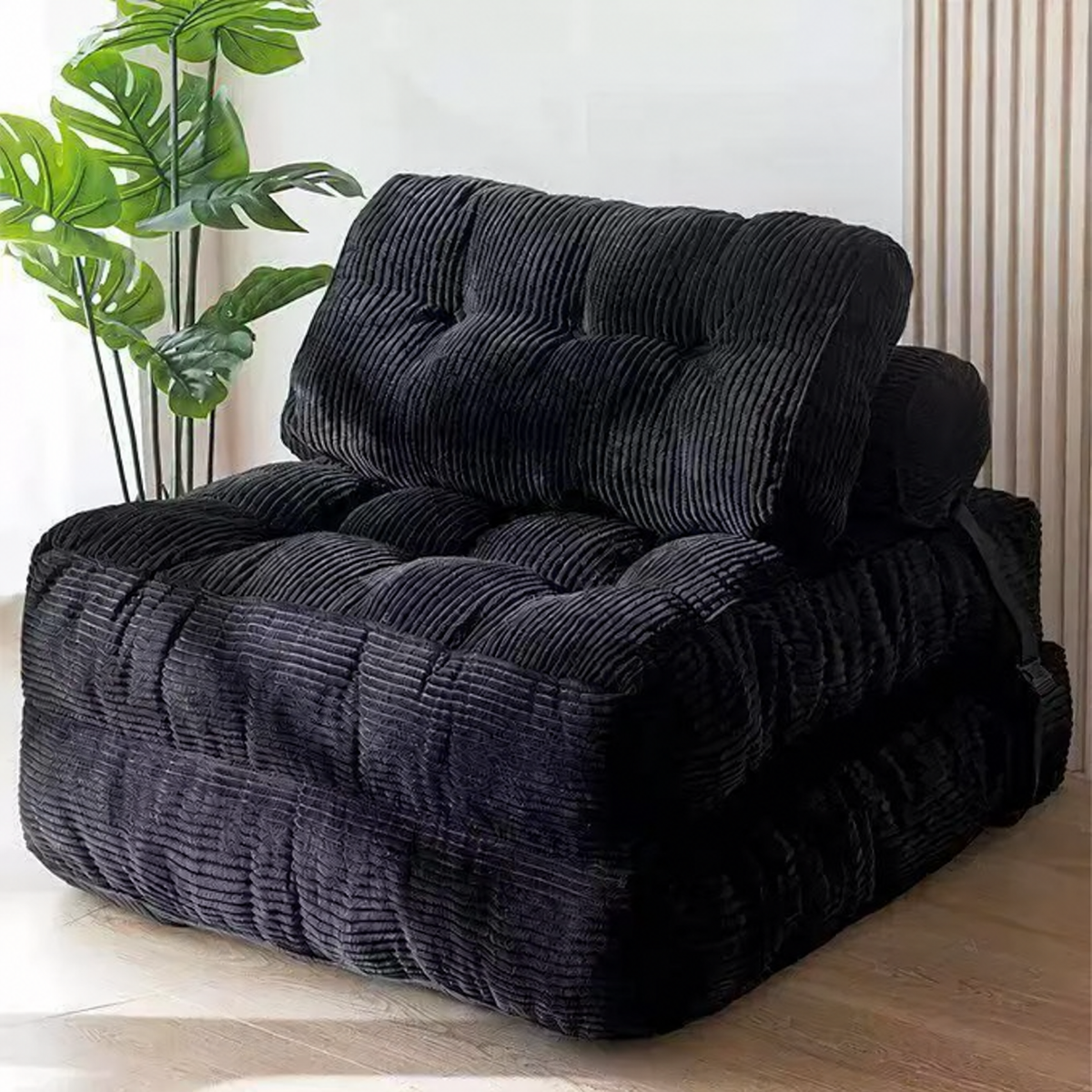 Fauteuil de sol gris anthracite en velours côtelé – assise matelassée