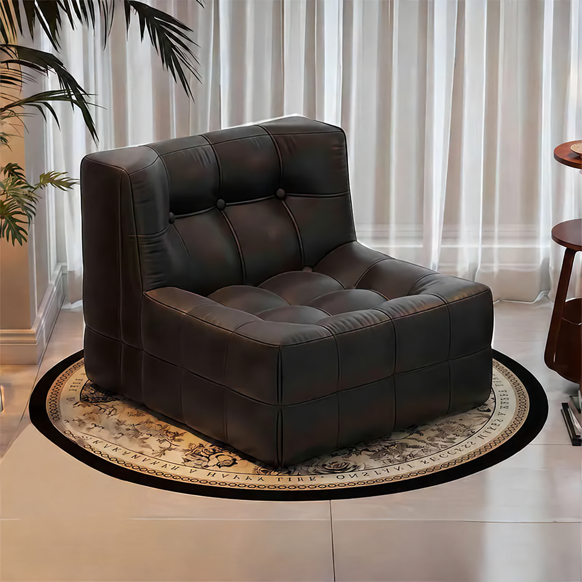 Fauteuil bas marron foncé capitonné – design contemporain sans accoudoirs