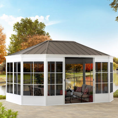 Gazebo de jardin Birkett 366 x 488 cm en aluminium blanc et acier marron