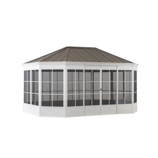 Gazebo de jardin Birkett 366 x 488 cm en aluminium blanc et acier marron