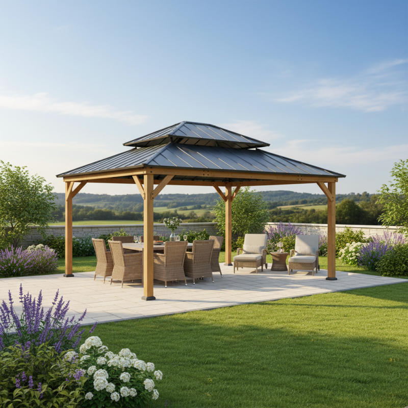 Gazebo de jardin Rimo 390x450cm en bois massif et toit en acier anthracite