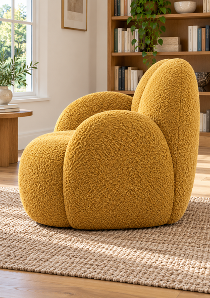 Fauteuil cocon crème en tissu bouclé – design enveloppant