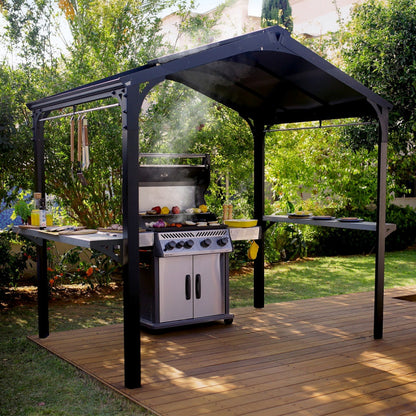Pergola barbecue AUSTIN, 180 x 224 cm, en aluminium noir et polycarbonate gris