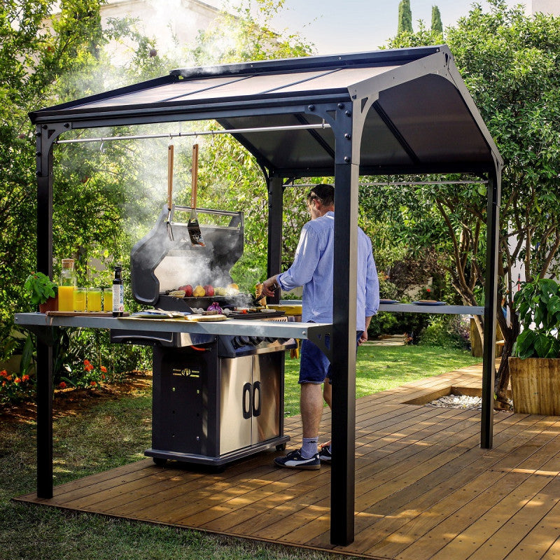 Pergola barbecue AUSTIN, 180 x 224 cm, en aluminium noir et polycarbonate gris