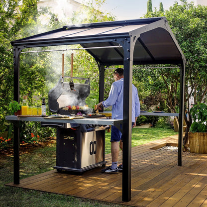 Pergola barbecue AUSTIN, 180 x 224 cm, en aluminium noir et polycarbonate gris