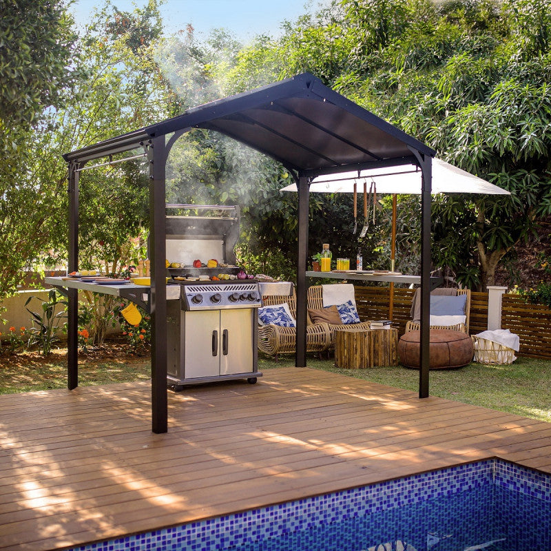 Pergola barbecue AUSTIN, 180 x 224 cm, en aluminium noir et polycarbonate gris