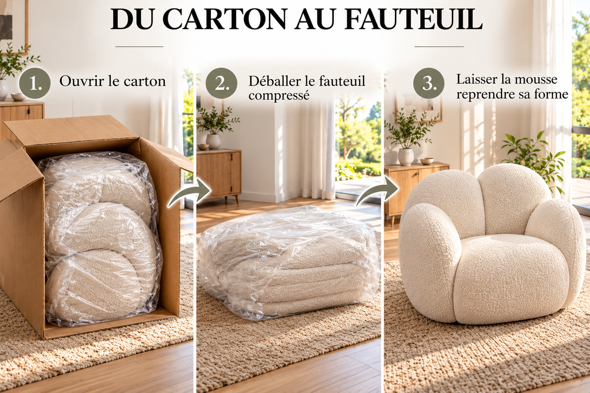 Fauteuil cocon crème en tissu bouclé – design enveloppant