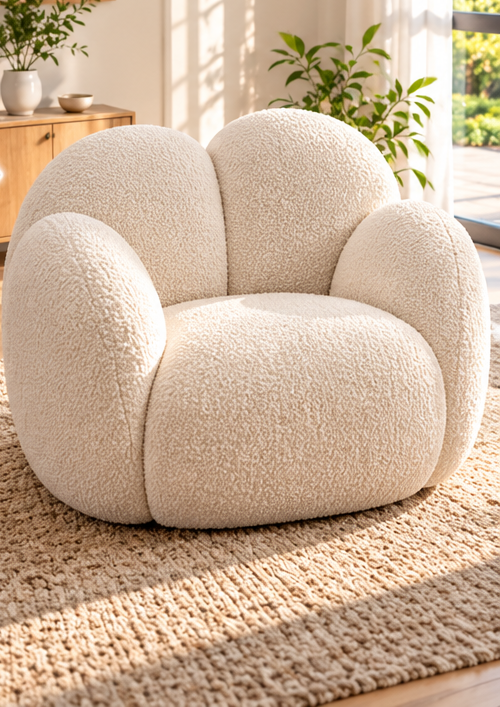 Fauteuil cocon crème en tissu bouclé – design enveloppant